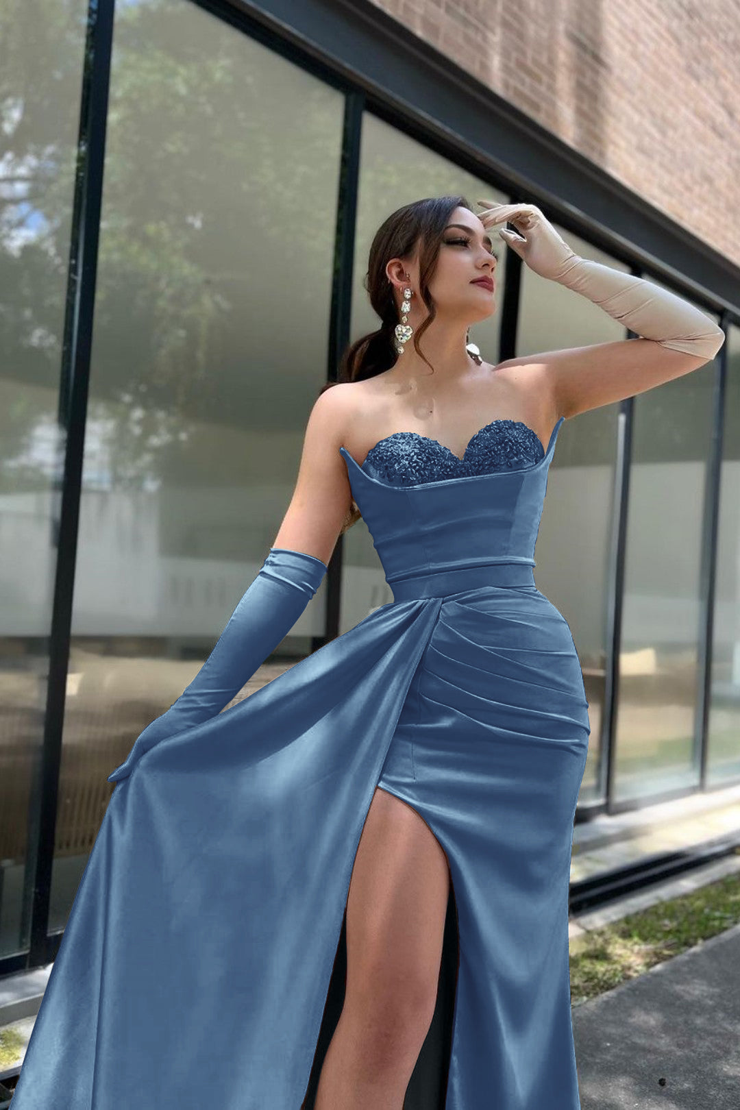 Prom Dress Sleeves Champagne Sweetheart High Slit With Gloves BMBRIDE