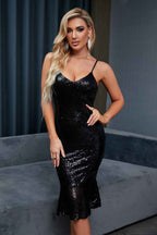 Sheath Spaghetti Straps Black Sequins Party Dress