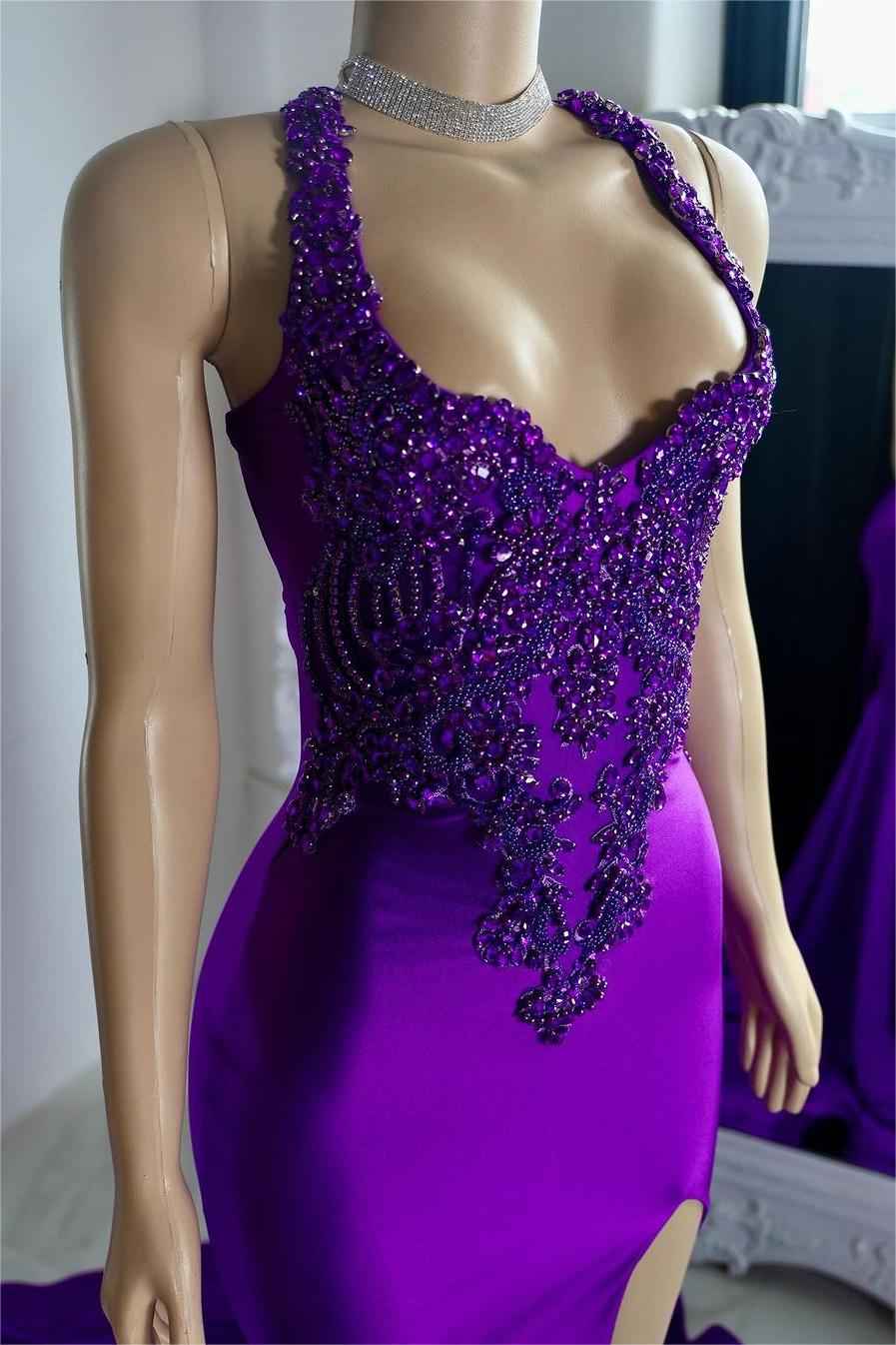 Glamorous Stain Halter Sleeveless Mermaid Long Split Prom Dress With Beading