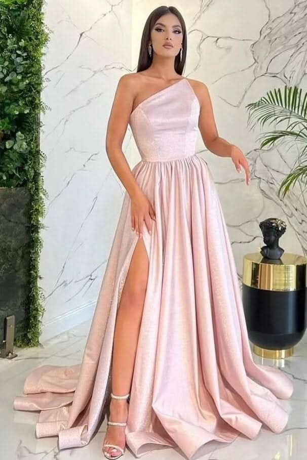 Vintage Light Pink One Shoulder Sleeveless Evening Dress with Slit BM bride