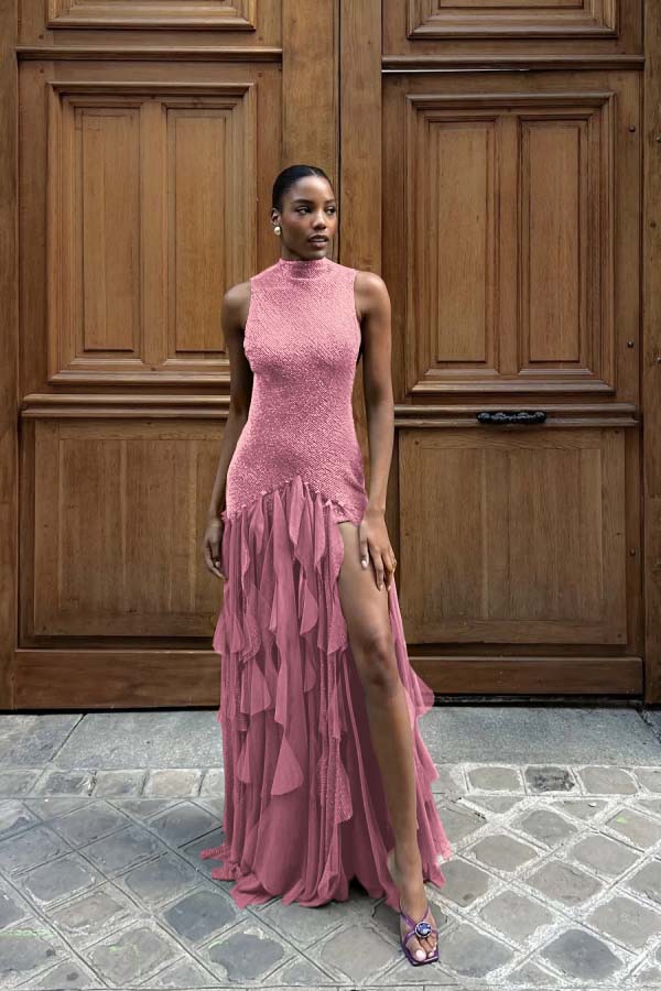 High Neck Sleeveless Long Mermaid Prom Dress With Split Ruffles