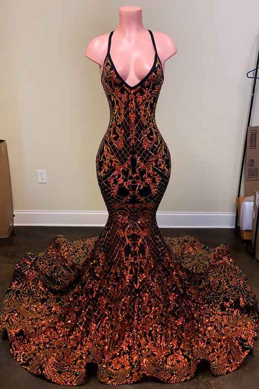 Plunging Halter V Neck Laser Sleeveless Mermaid Prom Dress Sleeveless Court