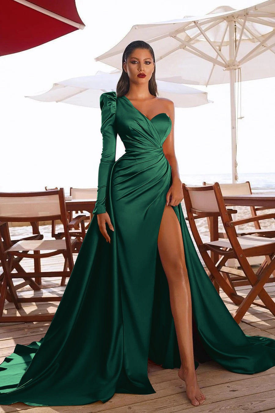 Glamorous One Shoulder Long Sleeve Long Pleated Prom Dress With High Split BMBRIDE