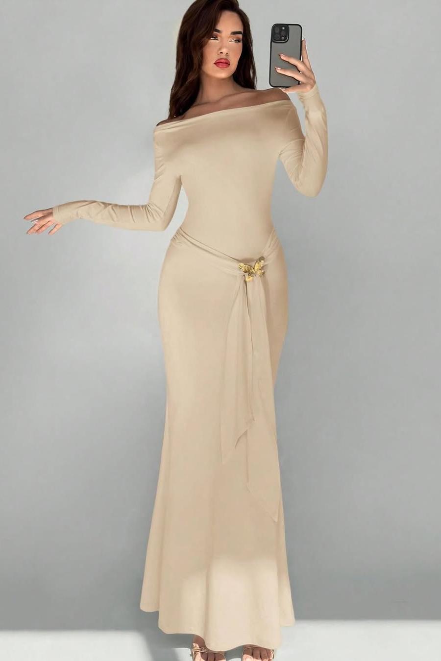 Off the Shoulder Long Sleeves Long Mermaid Prom Dress With Appliques BMBRIDE