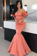 Coral Off-the-Shoulder Long Mermaid Prom Dress BM bride
