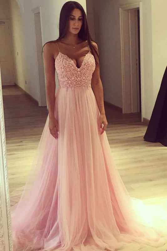 Pink Tulle Lace V Neck Sleeveless Long Appliques Prom Dress Spaghetti Strap