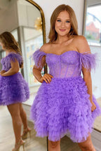 Sparkly Purple Corset A-Line Short Homecoming Dress with Feathers Bmbride