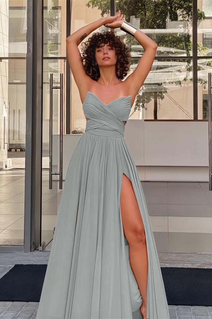 Strapless Sleeveless Long High Split Prom Dress With Pleated BMBRIDE