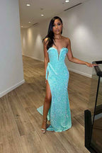 Blue Sequins Sleeveless Sweetheart Mermaid Prom Dress With Split Trumpet