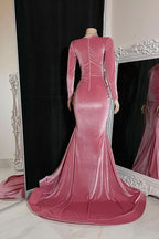 Red Long Sleeve Simple Prom Dress with High Slit and Pleated BM bride