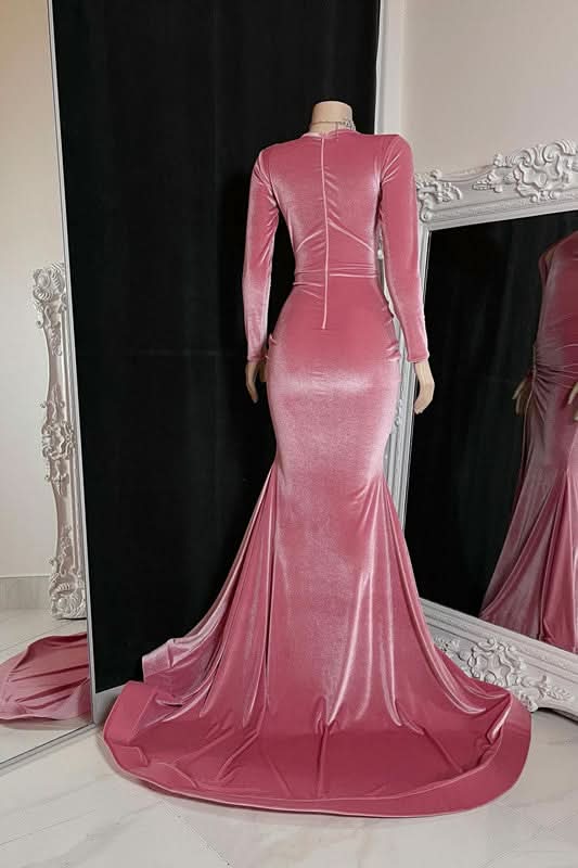 Red Long Sleeve Simple Prom Dress with High Slit and Pleated BM bride