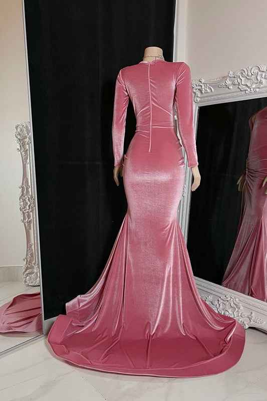 Red Long Prom Dress Long Sleeves Simple With High Split Pleated