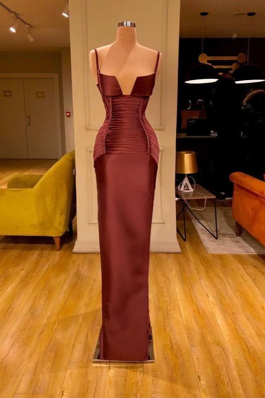 Burgundy Spaghetti-Straps V-Neck Mermaid Prom Dress BM bride