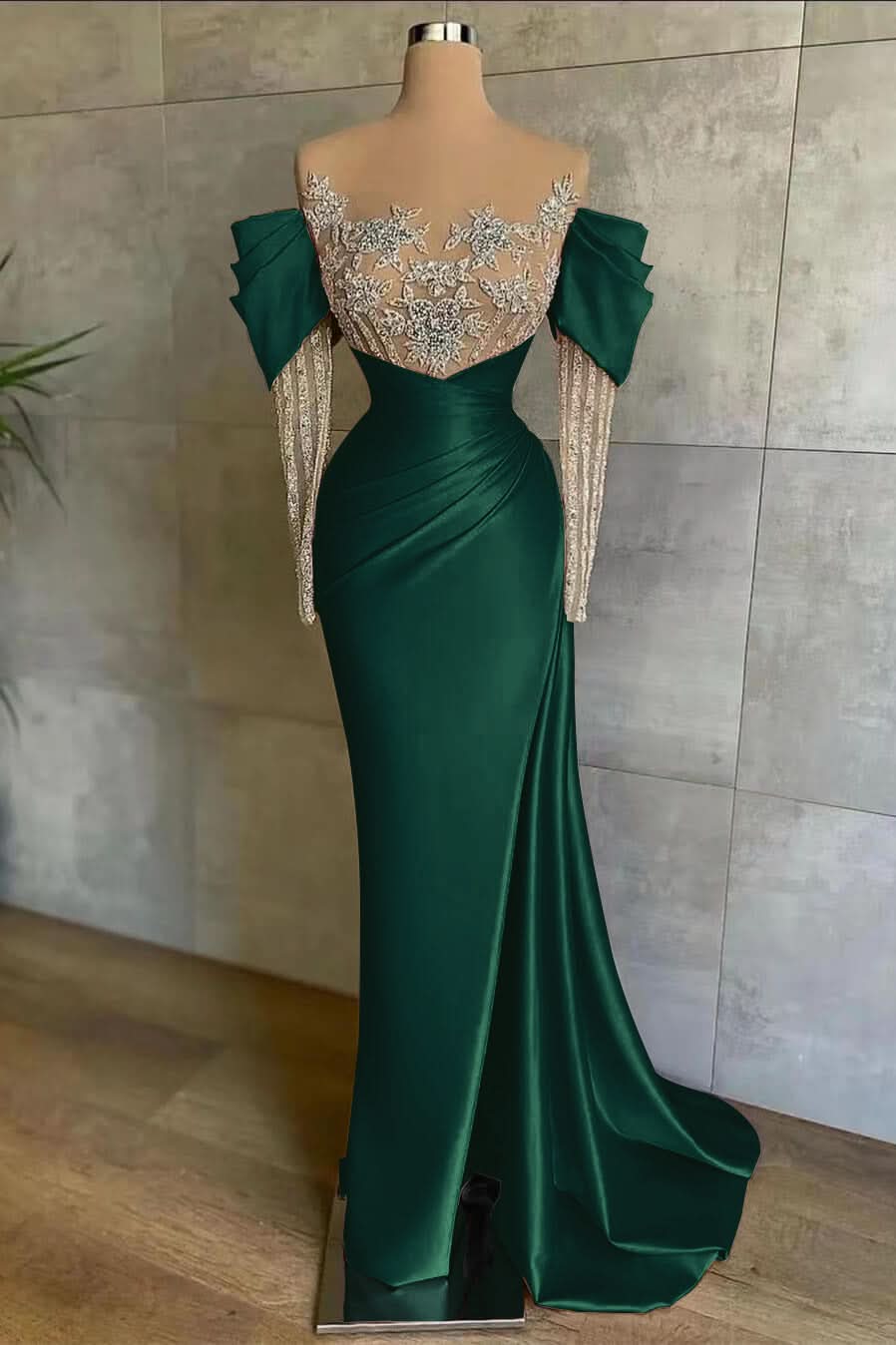 Pink Off-The-Shoulder Front Split Mermaid Prom Dress with Beadings and Appliques BM bride