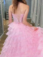 Pink Strapless Tiered Ruffles Lace Appliqu¡§|s Corset Prom Dress with Slit