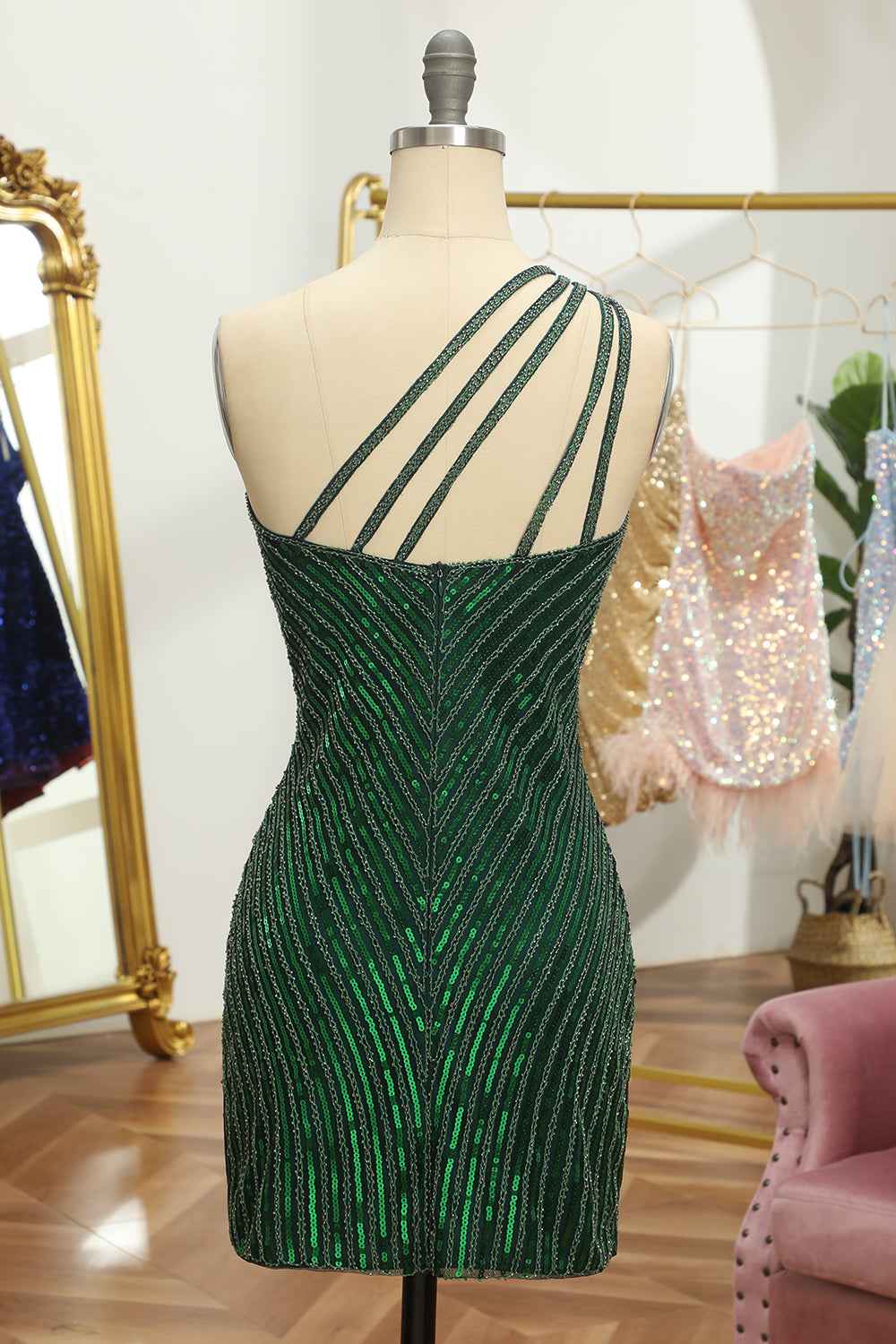 Glitter Dark Green One Shoulder Beaded Tight Homecoming Dress Bmbride