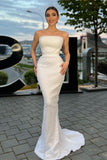 White Strapless Sleeveless Mermaid Prom Dress with Sequins and Belt BM bride