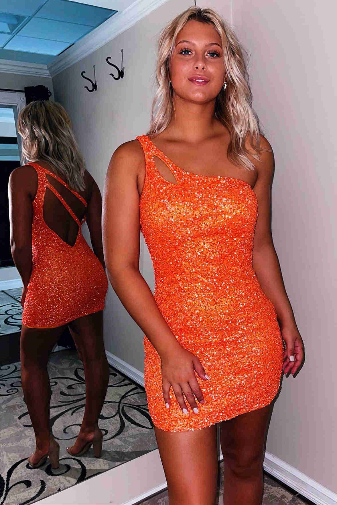 Sparkly One Shoulder Sequins Short Bodycon Homecoming Dress with Keyhole BM bride