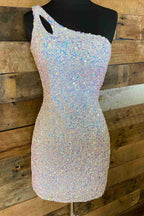 Sparkly One Shoulder Sequins Short Bodycon Homecoming Dress with Keyhole BM bride