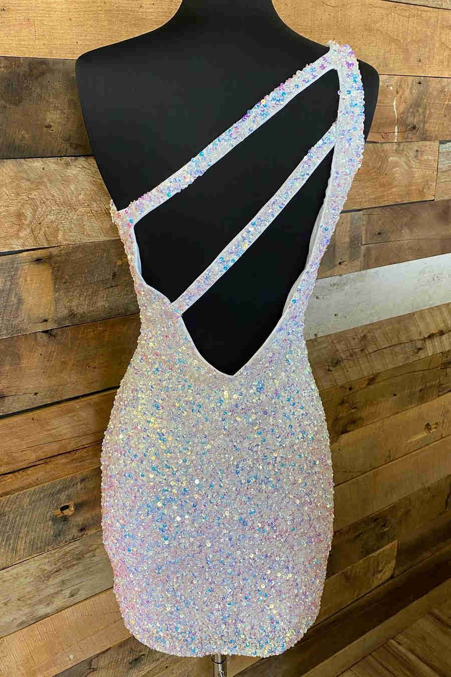 Sparkly One Shoulder Sequins Short Bodycon Homecoming Dress with Keyhole BM bride