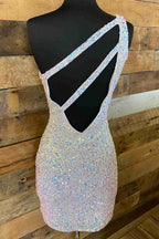 Sparkly One Shoulder Sequins Short Bodycon Homecoming Dress with Keyhole BM bride