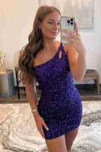 Sparkly One Shoulder Sequins Short Bodycon Homecoming Dress with Keyhole BM bride