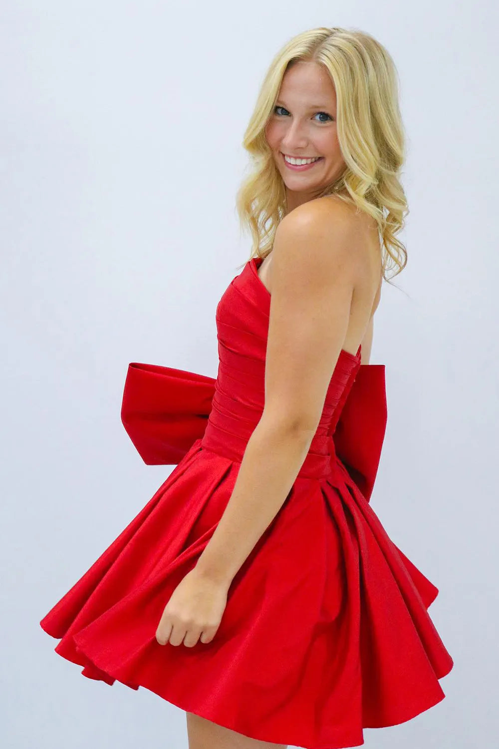 Elegant A-Line Strapless Pleated Party Dress Featuring a Charming Bow BM bride