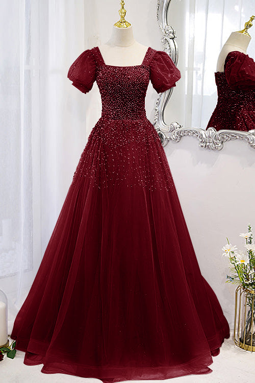 Chic Lace Up Prom Dress Beadings A Line Short Sleeves With Square Online BMBRIDE