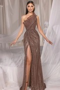 One Shoulder Sleeveless Sequins Front Split Long Prom Dress With Ruffles