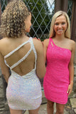 Sparkly One Shoulder Sequins Short Bodycon Homecoming Dress with Keyhole BM bride
