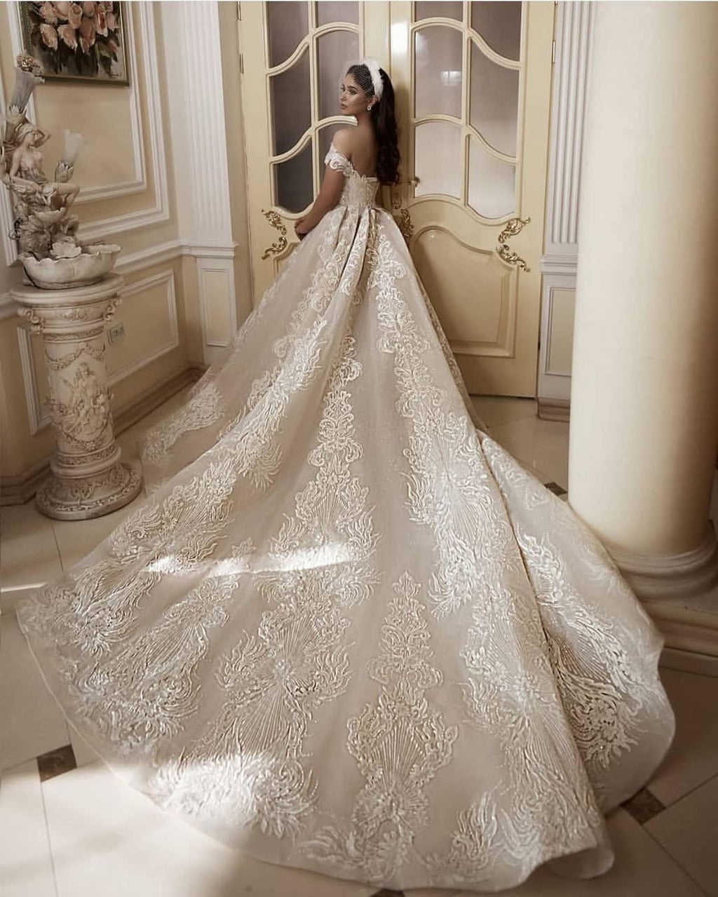 Off-the-Shoulder Floor-Length Church A-Line Wedding Dress with Lace Appliques BM bride