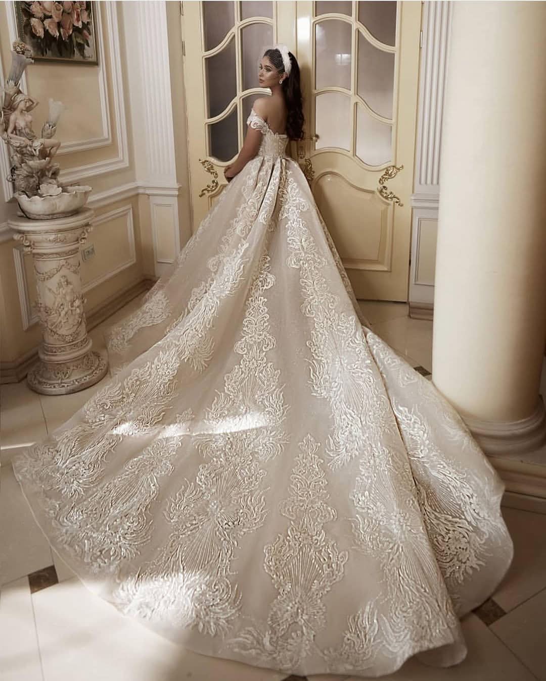 Off-the-Shoulder Floor-Length Church A-Line Wedding Dress with Lace Appliques BM bride