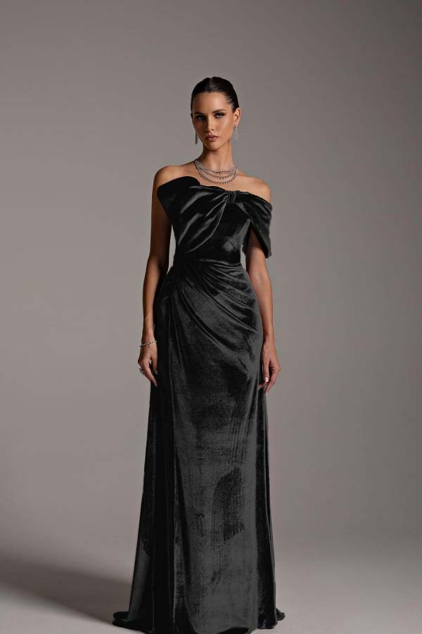 One Shoulder Strapless Sleeveless Long Mermaid Prom Dress With Pleated