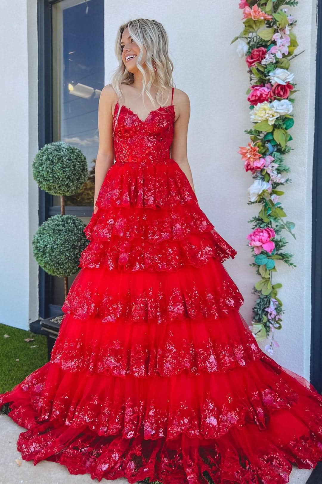 Lovely A-Line Spaghetti Straps Tiered Lace Prom Dress BM bride