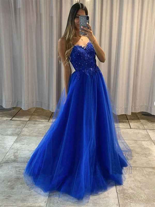 Blue A Line Spaghetti Straps Tulle Long Prom Dress with Appliques BMBRIDE