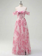 Pink Floral Off-the-Shoulder Corset A-Line Long Prom Dress