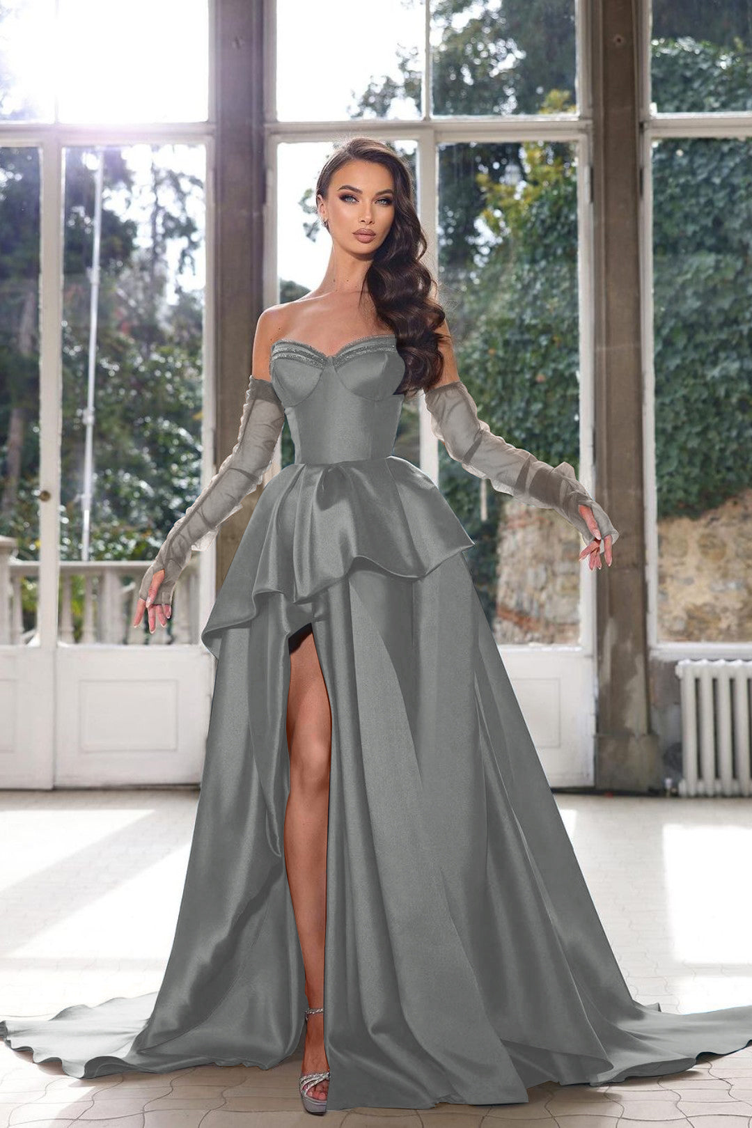 Glamorous Half Sleeves Ink Blue Prom Dress Strapless With High Split Gown BMBRIDE