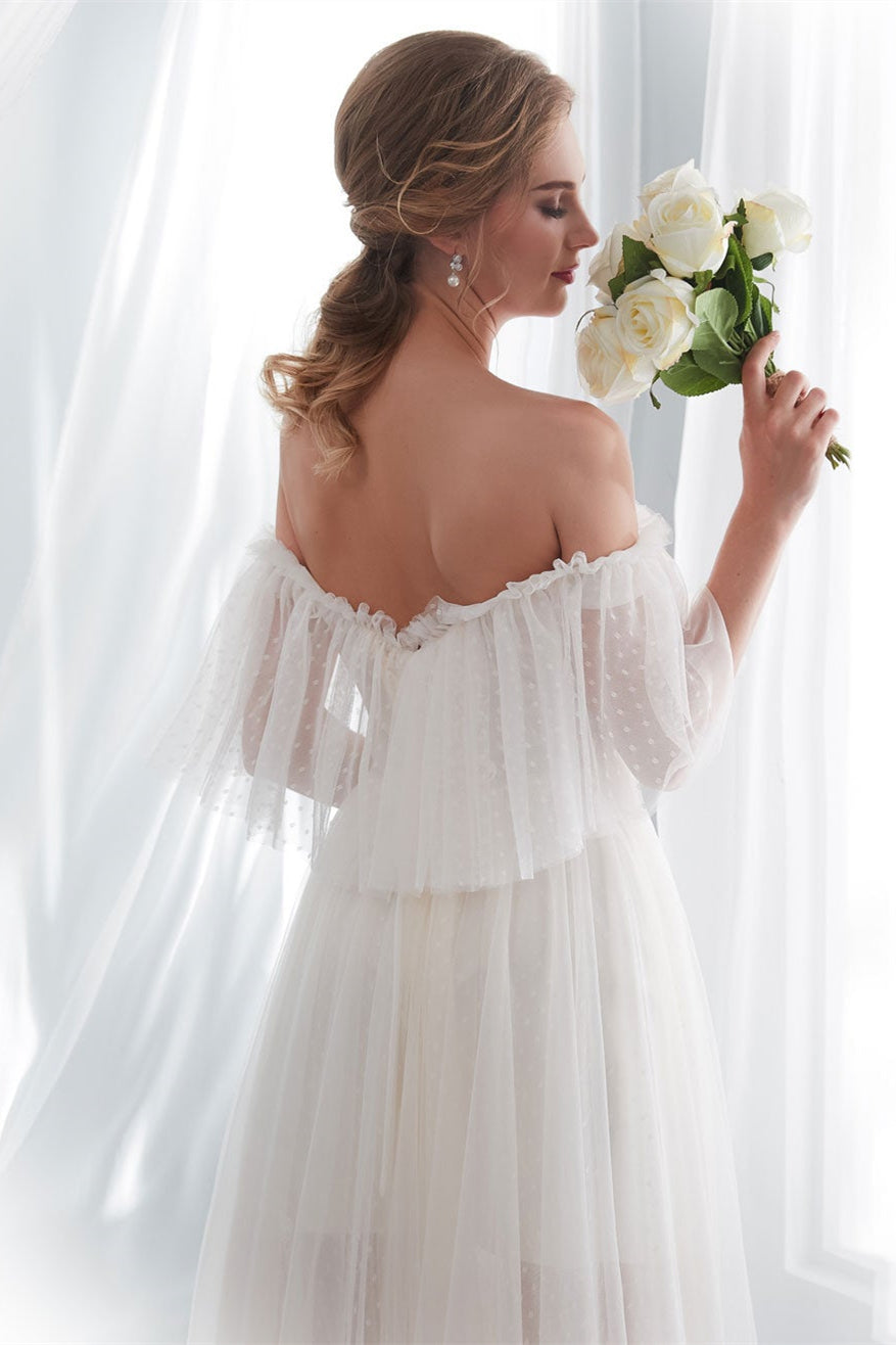 Off-the-Shoulder Tulle Beach Wedding Dress BM bride