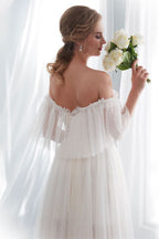 Off-the-Shoulder Tulle Beach Wedding Dress BM bride