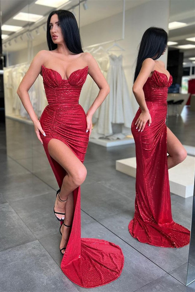 Burgundy Sleeveless Long Sequined Mermaid Prom Dress with Split BM bride