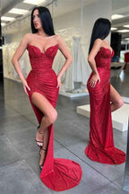 Burgundy Sequins Long Strapless Sleeveless Mermaid Prom Dress With Split