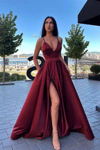 Elegant Spaghetti-Straps A-Line Evening Dress with Split and Pockets BM bride
