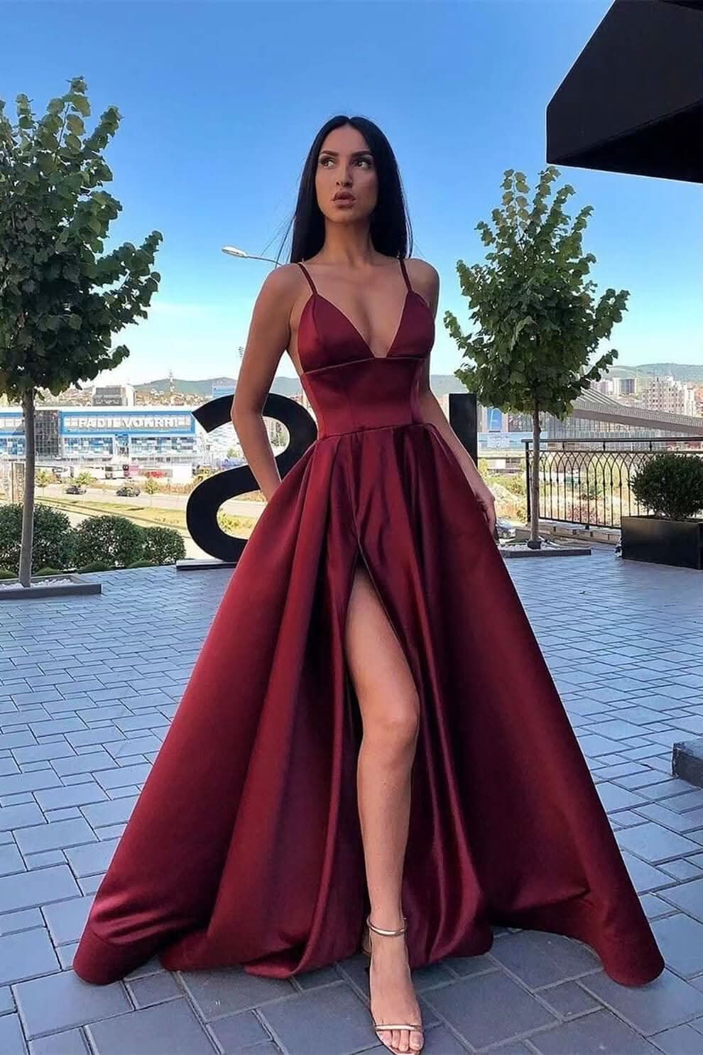 Elegant Spaghetti-Straps A-Line Evening Dress with Split and Pockets BM bride