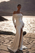 Charming Stain Off-The-Shoulder Long Sleeves Long Pleated Prom Dress With Split