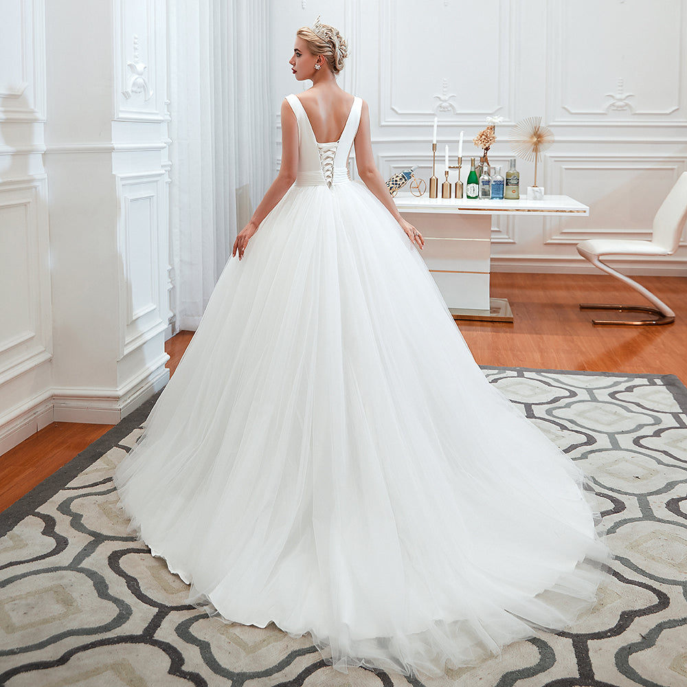 Wide Strap Deep V-Neck Floor-Length A-Line Wedding Dress with Tulle BM bride