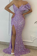 Pretty Lilac Sequins Off the Shoulder Mermaid Prom Dress With Split