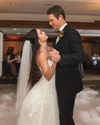 Sleeveless Bateau Backless A-line Church Train Wedding Dress With Appliques Lace BM bride