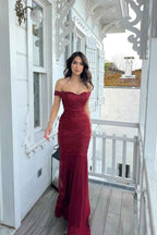 Tulle Off the Shoulder Sleeveless Long Mermaid Prom Dress With Sequins