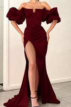 Fuchsia Strapless Off-the-Shoulder Puff Sleeve Mermaid Evening Dress with Split BM bride