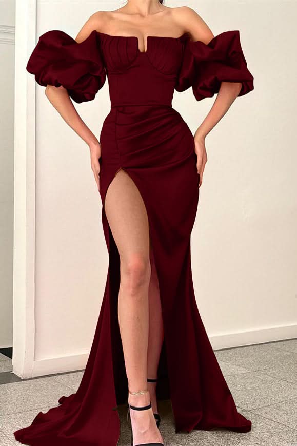 Fuchsia Strapless Off-the-Shoulder Puff Sleeve Mermaid Evening Dress with Split BM bride